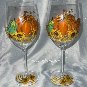 Set of 2 Thanksgiving Fall  Sunflower Hand Painted Wine Glasses Goblet Pumpkin
